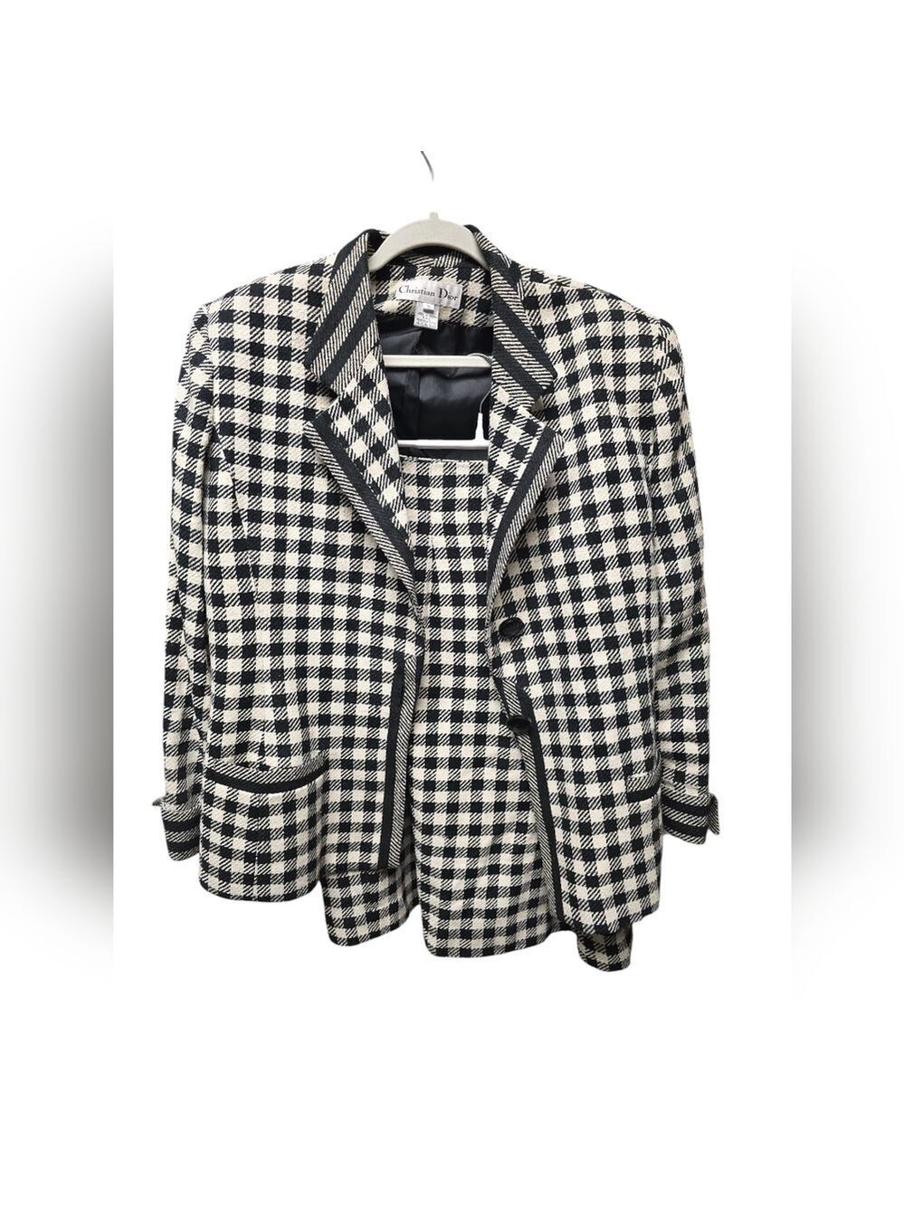 Christian Dior Vintage Houndstooth Silk Blazer Skirt Set Sz. 16 Blk & Ivry